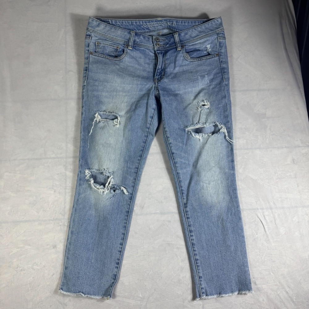 American Eagle Womens Skinny Crop Jeans Blue Distressed Raw Hem Stretch Denim 14